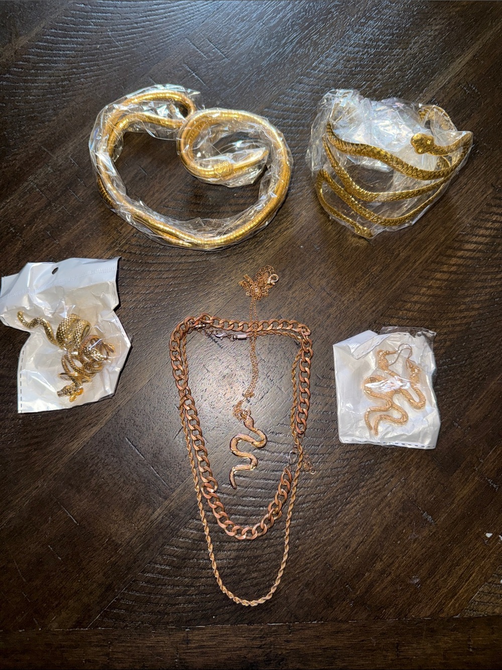 Layered Gold Snake Pendant Necklace, Earrings, rings Set - Women Jewelry